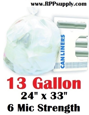 13 Gallon Trash Bags 13 Gal Garbage Bags Can Liners - 24" x 33" 6 Micron CLEAR 1000ct