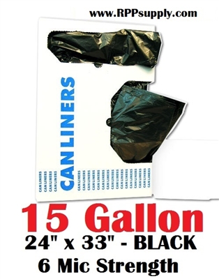 15 Gallon Trash Bags 15 Gal Garbage Bags Can Liners - 24" x 33" 6 Micron BLACK 1000ct