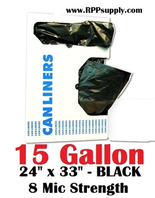 15 Gallon Trash Bags 15 Gal Garbage Bags Can Liners - 24" x 33" 8 Micron BLACK 1000ct