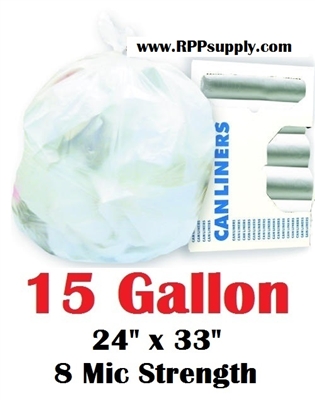 15 Gallon Trash Bags 15 Gal Garbage Bags Can Liners - 24" x 33" 8 Micron CLEAR 1000ct
