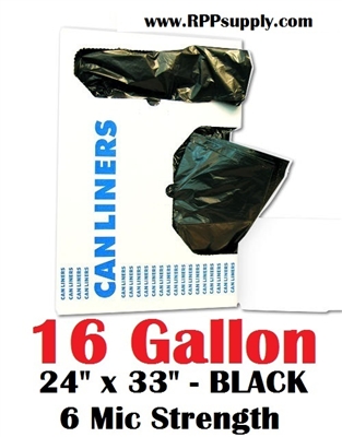 16 Gallon Trash Bags 16 Gal Garbage Bags Can Liners - 24" x 33" 6 Micron BLACK 1000ct