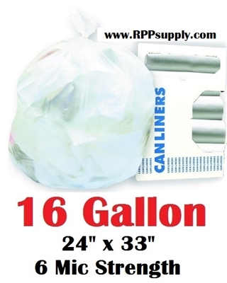 16 Gallon Trash Bags 16 Gal Garbage Bags Can Liners - 24" x 33" 6 Micron CLEAR 1000ct