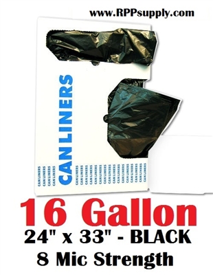 16 Gallon Trash Bags 16 Gal Garbage Bags Can Liners - 24" x 33" 8 Micron BLACK 1000ct