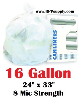 16 Gallon Trash Bags 16 Gal Garbage Bags Can Liners - 24" x 33" 8 Micron CLEAR 1000ct