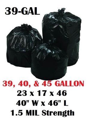 39 Gallon Trash Bags 39 Gal Garbage Bags Can Liners - 23 x 17 x 46 - 40"W x 46"L 1.5-MIL Gauge BLACK 100ct