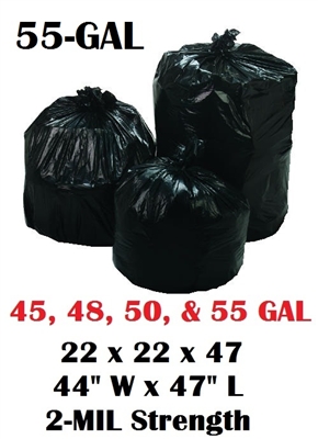 55 Gallon Trash Bags 55 Gal Garbage Bags Can Liners - 43"W x 47"L 2-MIL Gauge BLACK 100ct