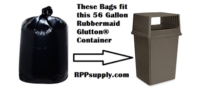 56 Gallon Trash Bags for Rubbermaid GLUTTONÂ® 56 Gal Garbage Cans - 43 x 47 - 43"W x 47"L 2-MIL BLACK 100ct